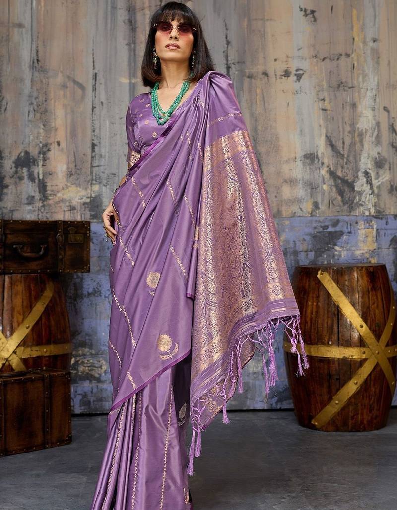 Purple woven design zari satin banarasi saree