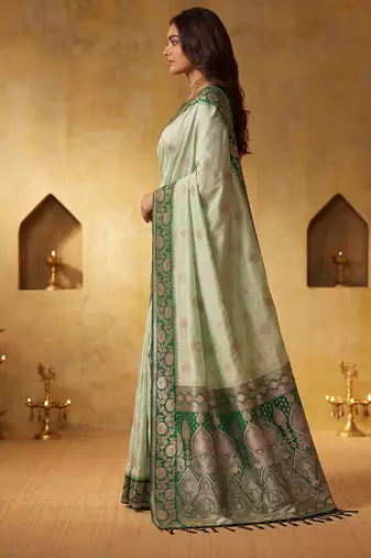 light green silk blend blend saree with dark green border | wedding & festive wear
