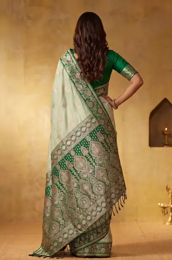 light green silk blend blend saree with dark green border | wedding & festive wear