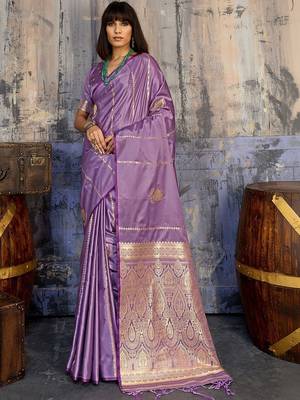 Purple woven design zari satin banarasi saree 3