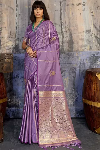 Purple woven design zari satin banarasi saree