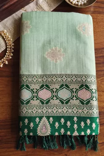 light green silk blend blend saree with dark green border | wedding & festive wear