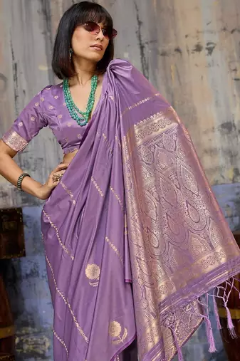 Purple woven design zari satin banarasi saree