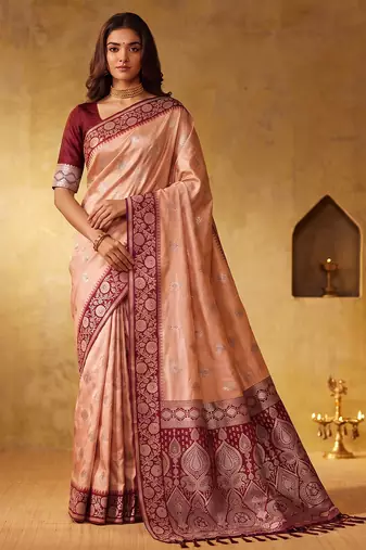 peach silk blend blend saree with maroon zari border | bridal & festive ethnic wear