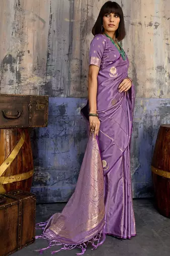 Purple woven design zari satin banarasi saree