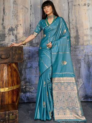 Teal ethnic motifs zari satin banarasi saree 1