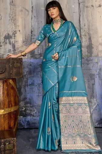 Teal ethnic motifs zari satin banarasi saree