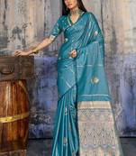 Teal ethnic motifs zari satin banarasi saree