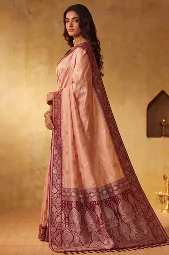peach silk blend blend saree with maroon zari border | bridal & festive ethnic wear