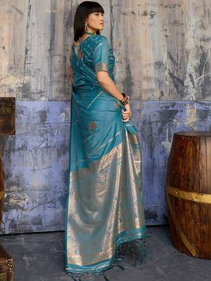 Teal ethnic motifs zari satin banarasi saree 2