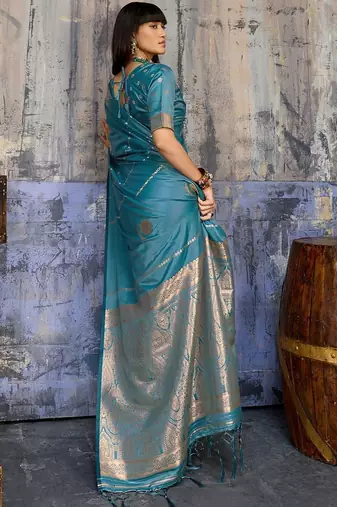 Teal ethnic motifs zari satin banarasi saree