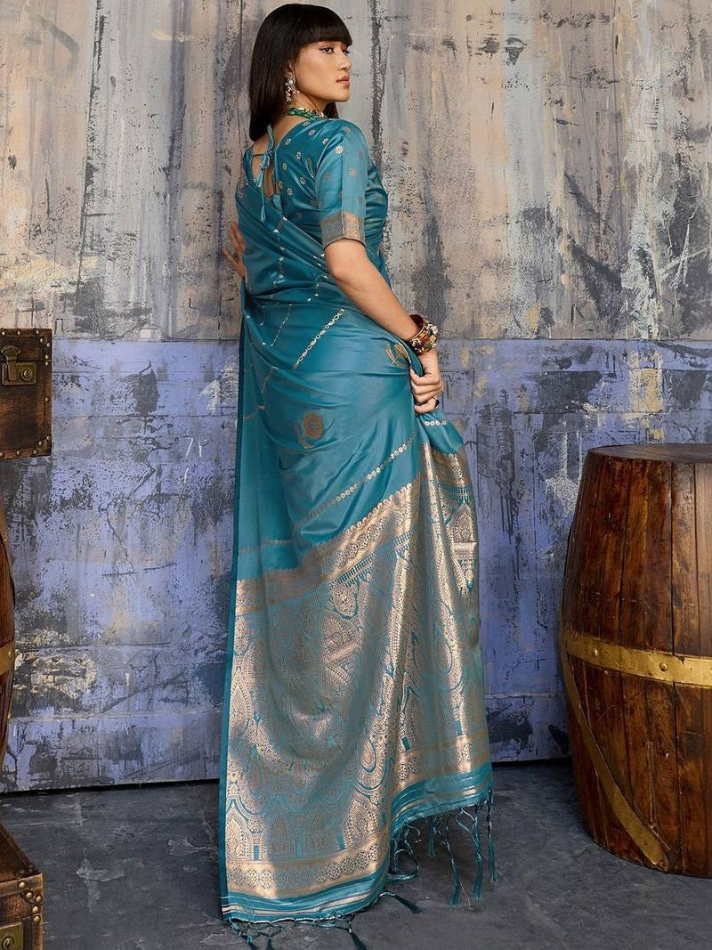 Teal ethnic motifs zari satin banarasi saree