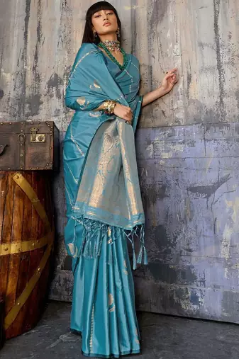 Teal ethnic motifs zari satin banarasi saree