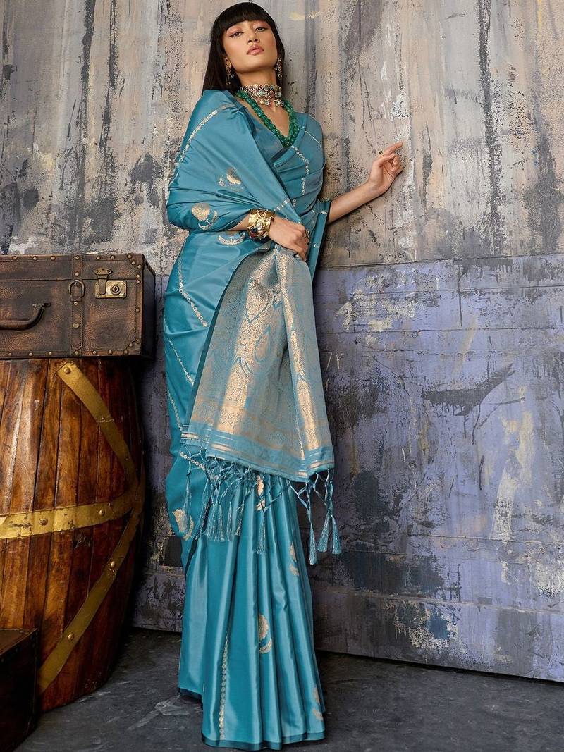 Teal ethnic motifs zari satin banarasi saree