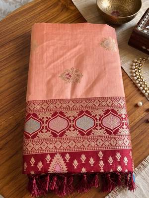 peach silk blend blend saree with maroon zari border | bridal & festive ethnic wear 4