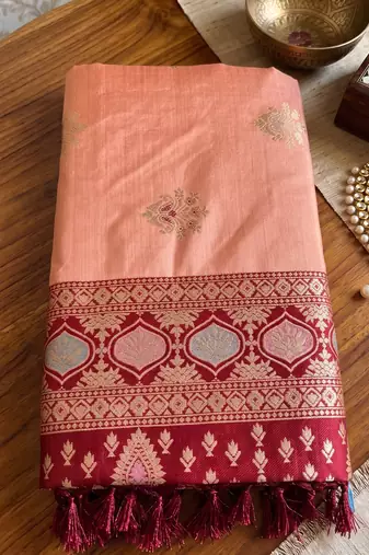 peach silk blend blend saree with maroon zari border | bridal & festive ethnic wear
