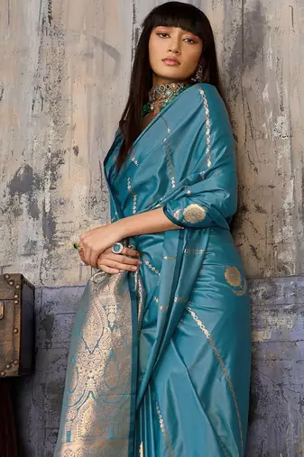 Teal ethnic motifs zari satin banarasi saree