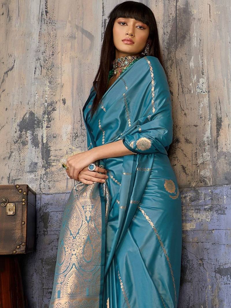 Teal ethnic motifs zari satin banarasi saree