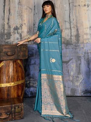 Teal ethnic motifs zari satin banarasi saree 5