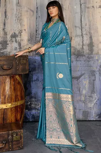Teal ethnic motifs zari satin banarasi saree