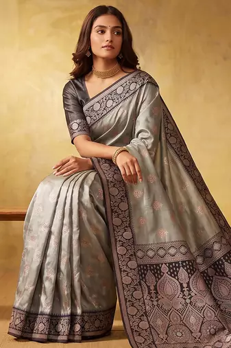 grey silk blend blend saree with black border | formal party & wedding ethnic wear