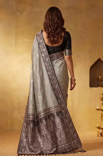 grey silk blend blend saree with black border | formal party & wedding ethnic wear