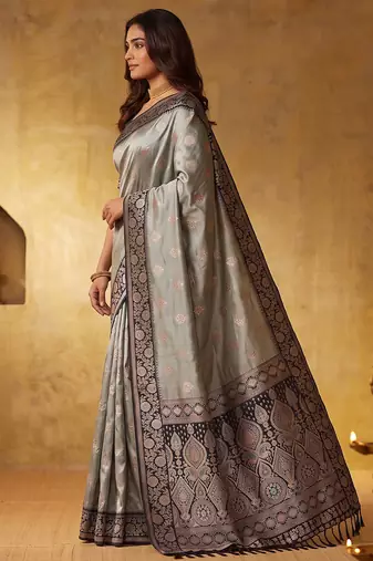 grey silk blend blend saree with black border | formal party & wedding ethnic wear