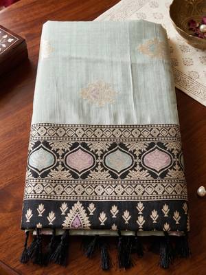 grey silk blend blend saree with black border | formal party & wedding ethnic wear 5