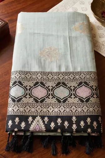 grey silk blend blend saree with black border | formal party & wedding ethnic wear