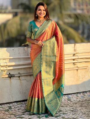 Pink ethnic motifs tissue kanjeevaram saree 1