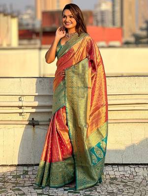 Pink ethnic motifs tissue kanjeevaram saree 2