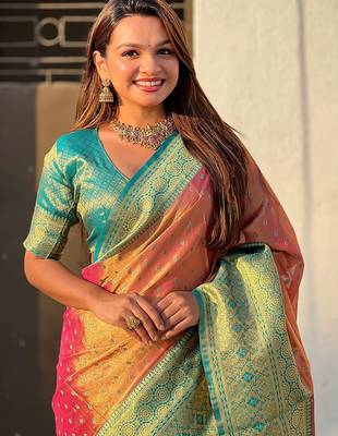 Pink ethnic motifs tissue kanjeevaram saree 4