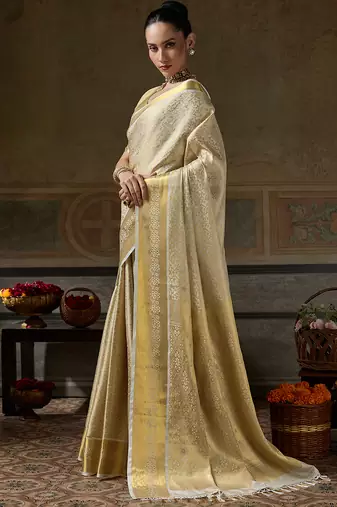 Sutriti beige banarasi silk saree for women | premium festive, party & wedding ethnic wear