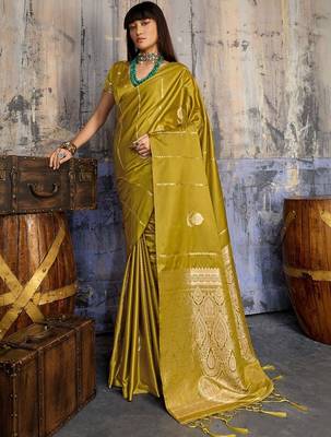 Olive ethnic motifs zari satin banarasi saree 1