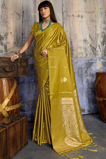 Olive ethnic motifs zari satin banarasi saree