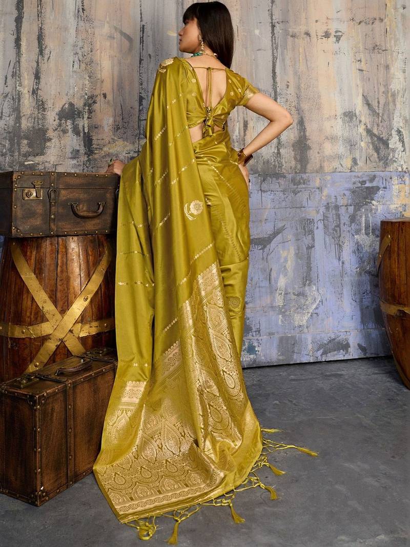 Olive ethnic motifs zari satin banarasi saree