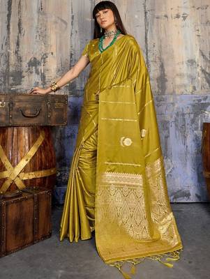 Olive ethnic motifs zari satin banarasi saree 3