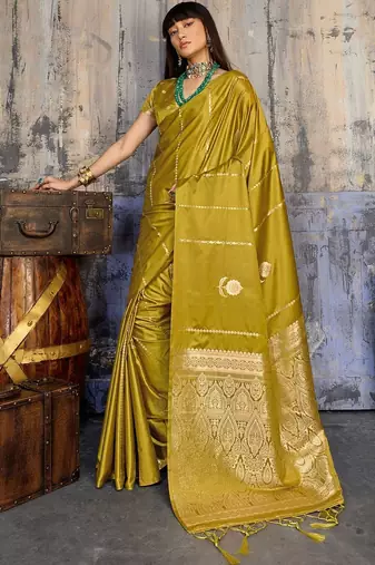 Olive ethnic motifs zari satin banarasi saree