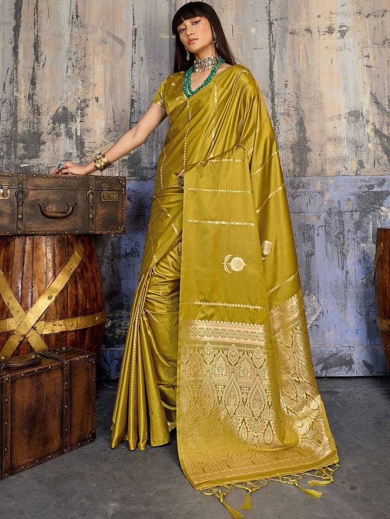 Olive ethnic motifs zari satin banarasi saree
