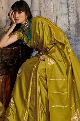 Olive ethnic motifs zari satin banarasi saree