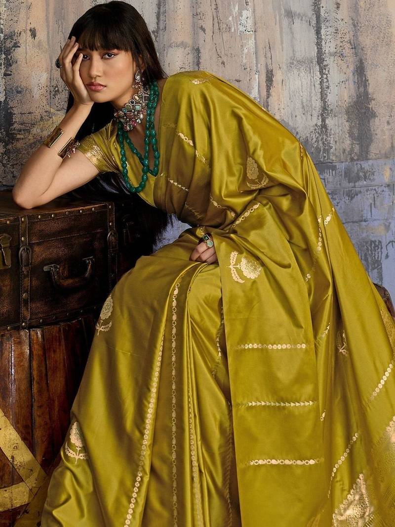Olive ethnic motifs zari satin banarasi saree