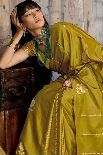 Olive ethnic motifs zari satin banarasi saree