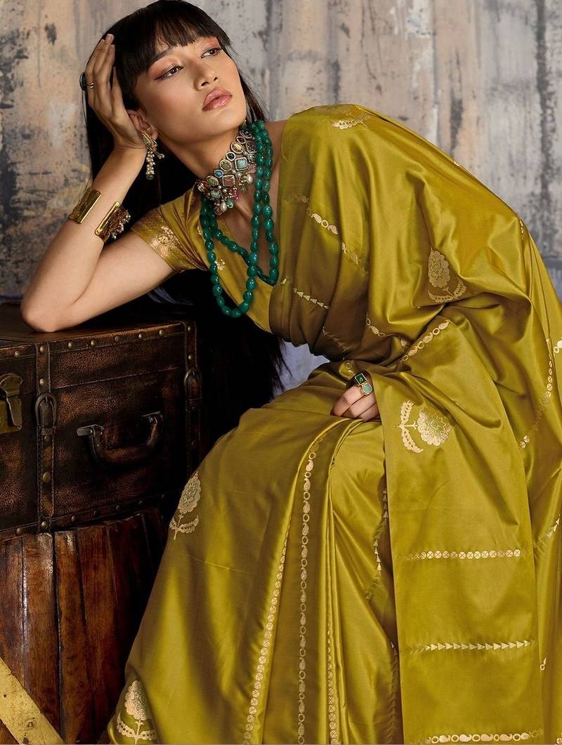 Olive ethnic motifs zari satin banarasi saree