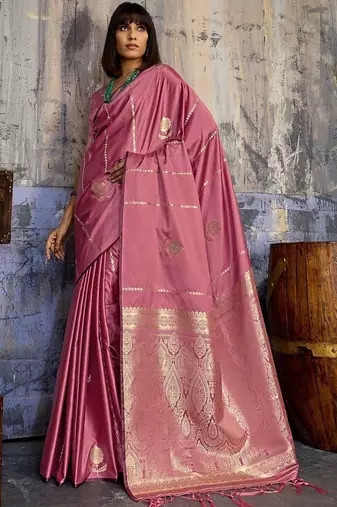Rose ethnic motifs zari satin banarasi saree