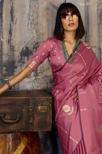 Rose ethnic motifs zari satin banarasi saree
