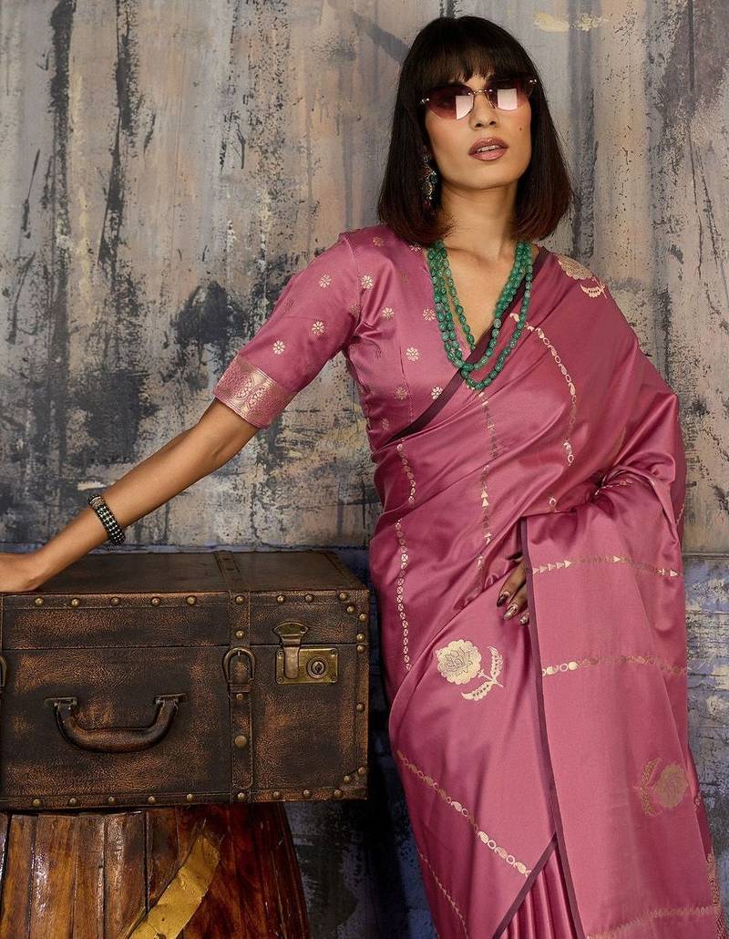 Rose ethnic motifs zari satin banarasi saree