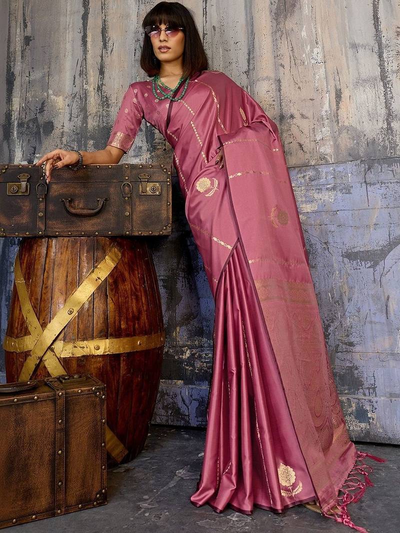 Rose ethnic motifs zari satin banarasi saree