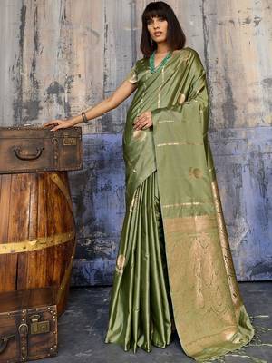 Olive woven design zari satin banarasi saree 1