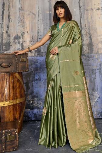 Olive woven design zari satin banarasi saree