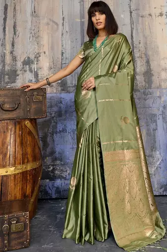 Olive woven design zari satin banarasi saree